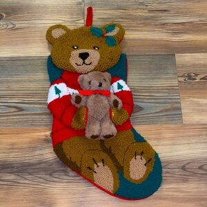 Vintage Teddy Bear Christmas Stocking Hooked Rug Crochet Cottagecore Tuft